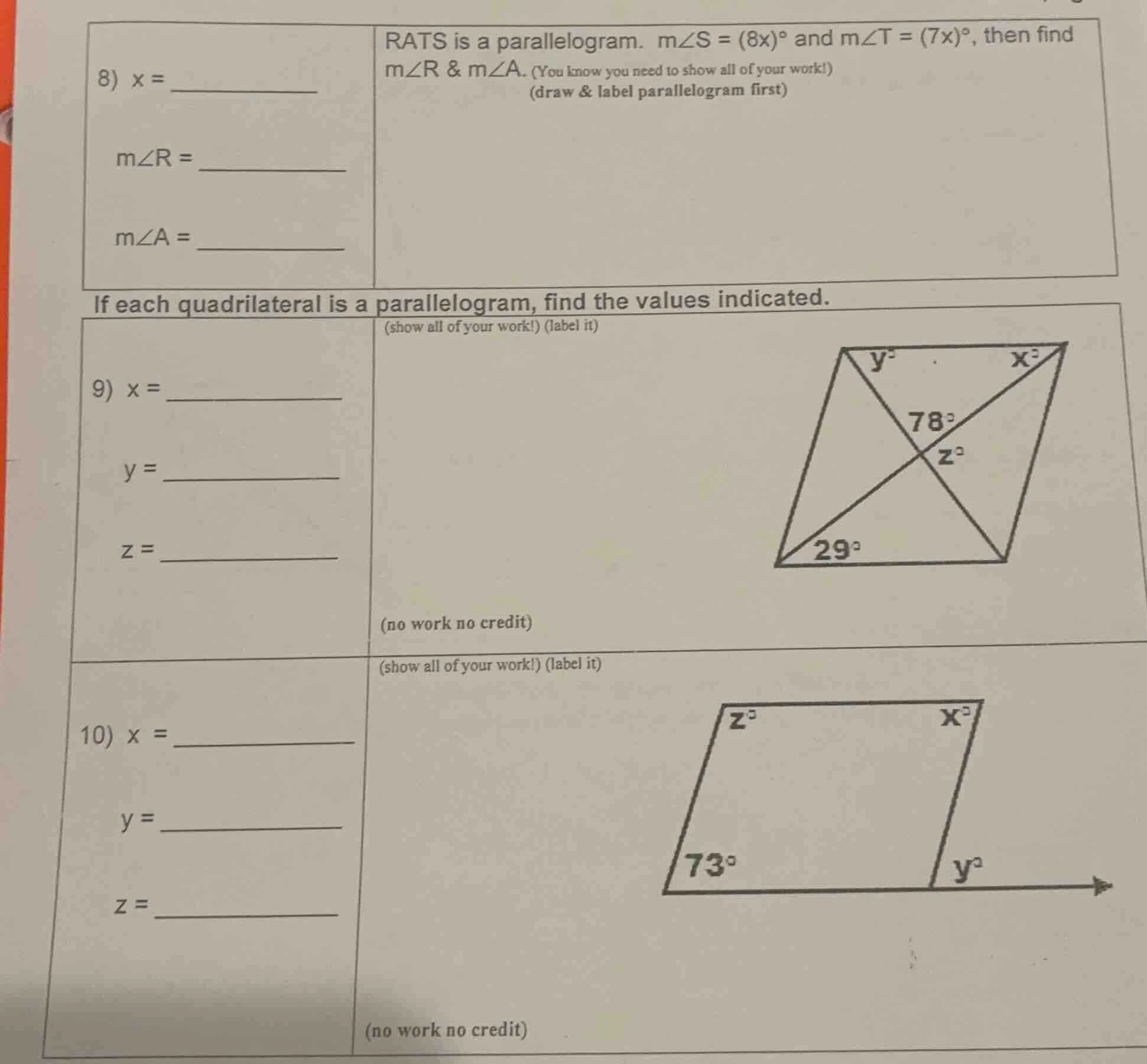 8) x = rats is a parallelogram. ( mangle s = (8x)^circ ) and ( mangle t…