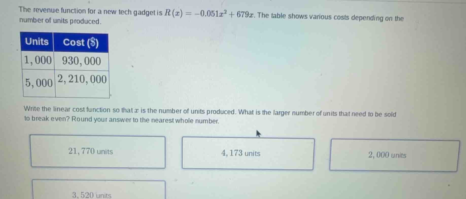the revenue function for a new tech gadget is $r(x) = -0.051x^2 + 679x$…