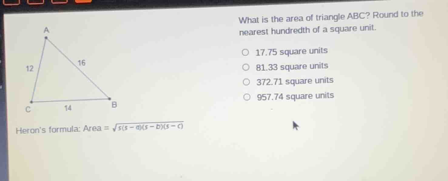 what is the area of triangle abc? round to the nearest hundredth of a s…