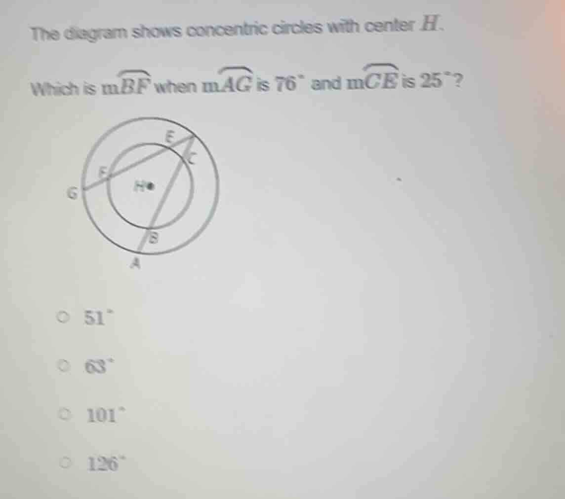 the diagram shows concentric circles with center h. which is ( moverarc…