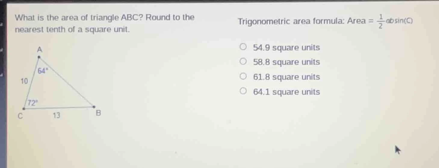 what is the area of triangle abc? round to the nearest tenth of a squar…