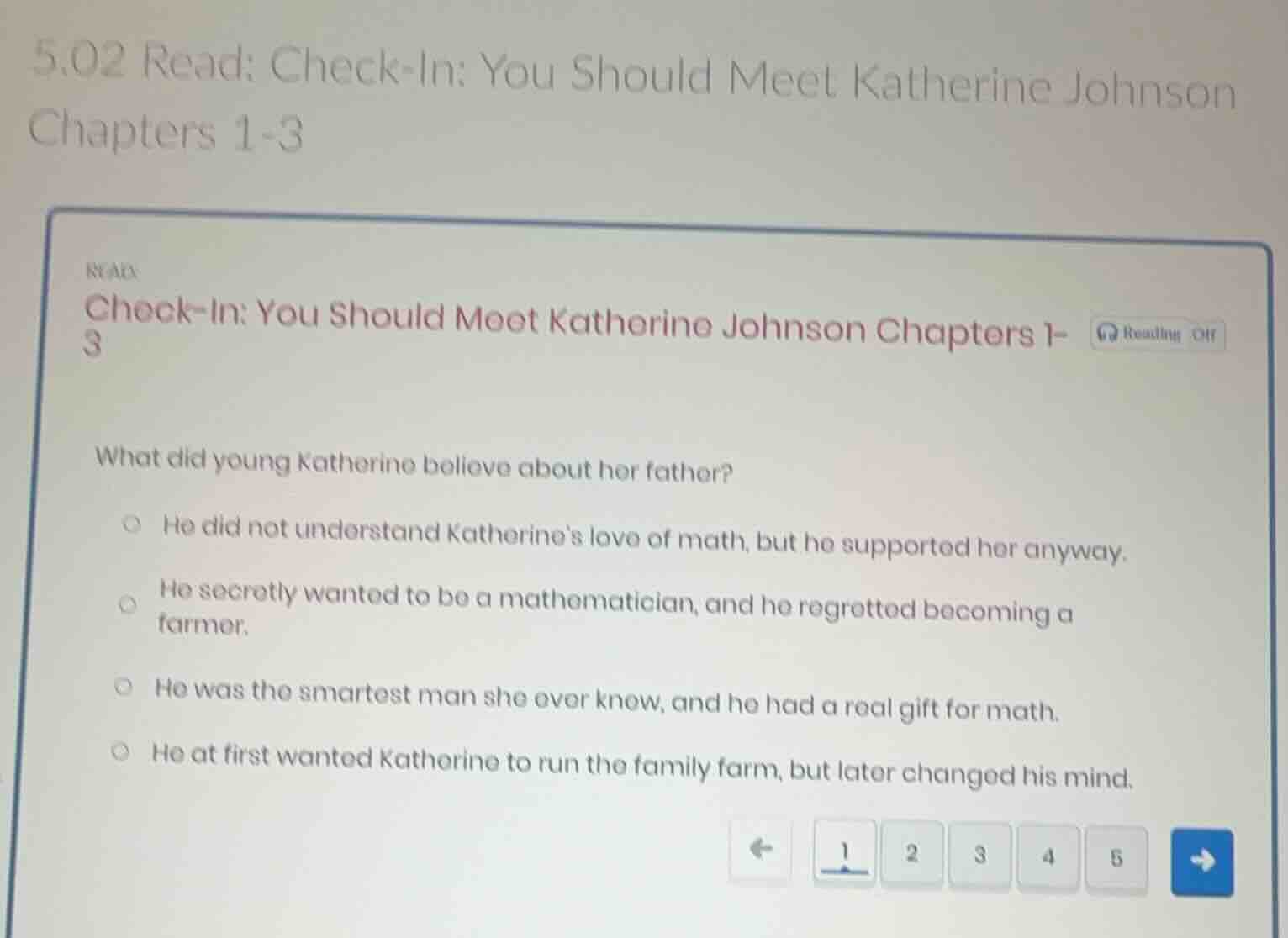 5.02 read: check-in: you should meet katherine johnson chapters 1-3 rea…
