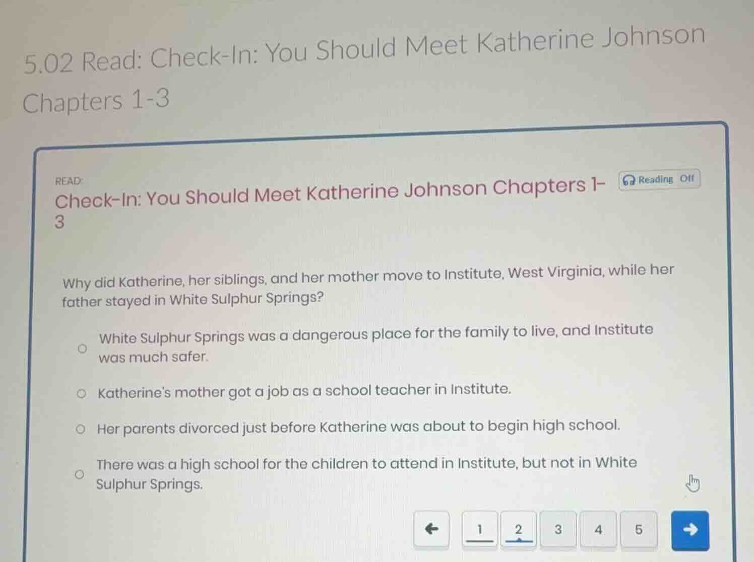 5.02 read: check-in: you should meet katherine johnson chapters 1-3 rea…
