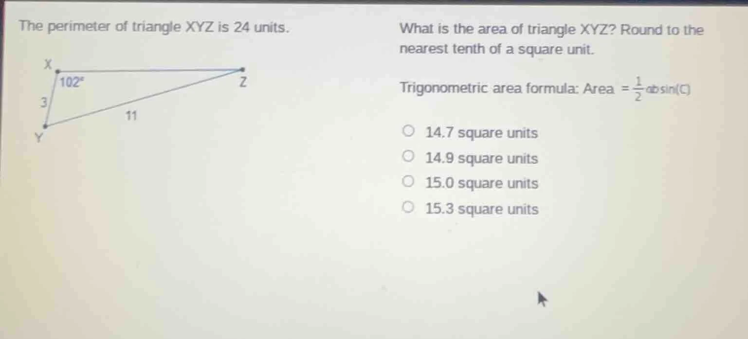 the perimeter of triangle xyz is 24 units. what is the area of triangle…