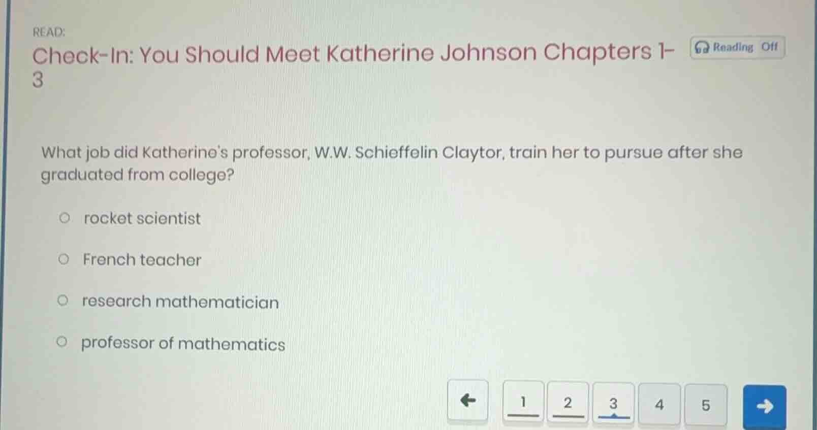 read: check-in: you should meet katherine johnson chapters 1- 3 what jo…