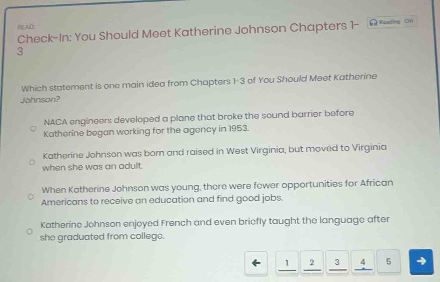 read: check-in: you should meet katherine johnson chapters 1-3 which st…
