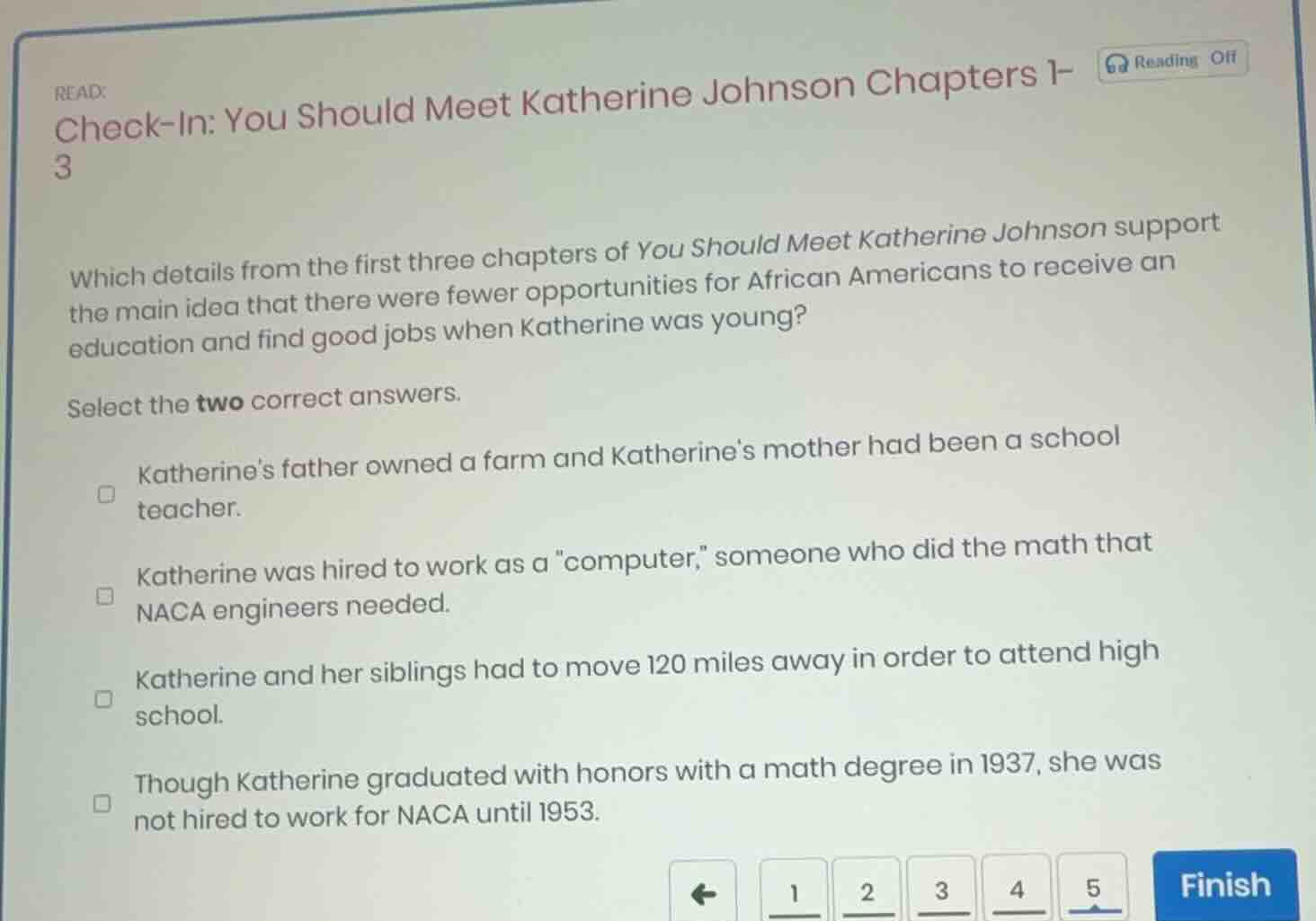 read: check-in: you should meet katherine johnson chapters 1- 3 which d…
