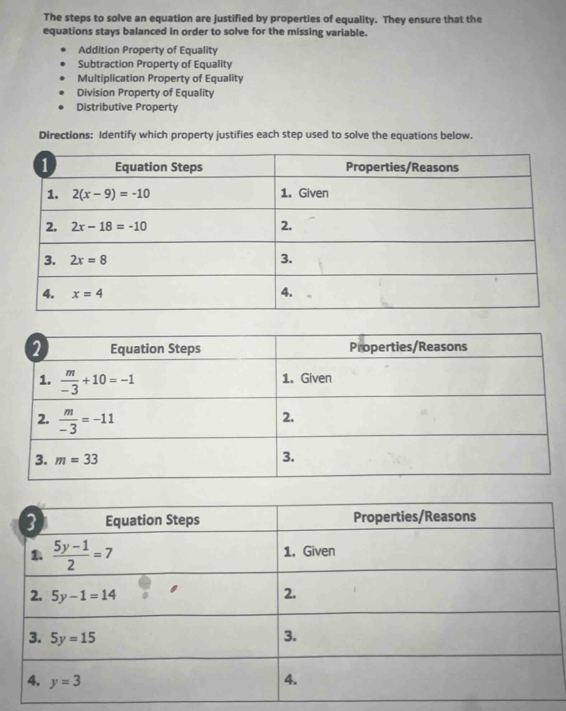 the steps to solve an equation are justified by properties of equality.…