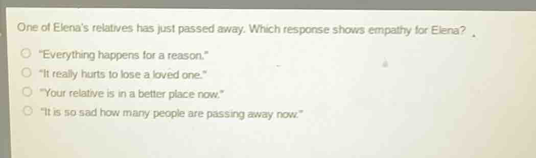 one of elenas relatives has just passed away. which response shows empa…