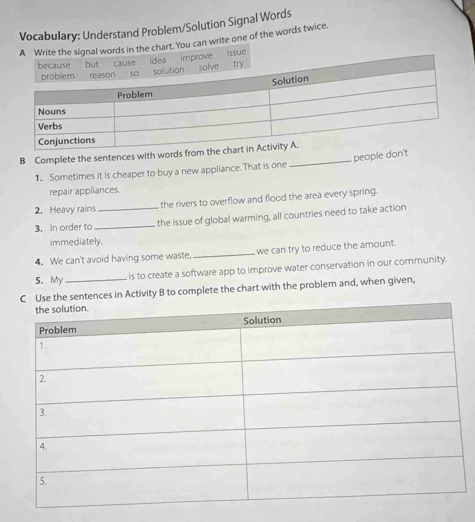 vocabulary: understand problem/solution signal words a write the signal…