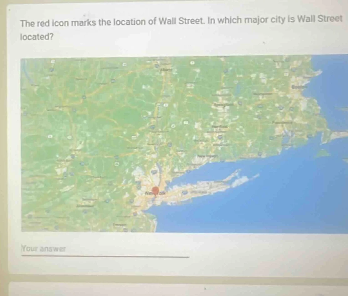 the red icon marks the location of wall street. in which major city is …