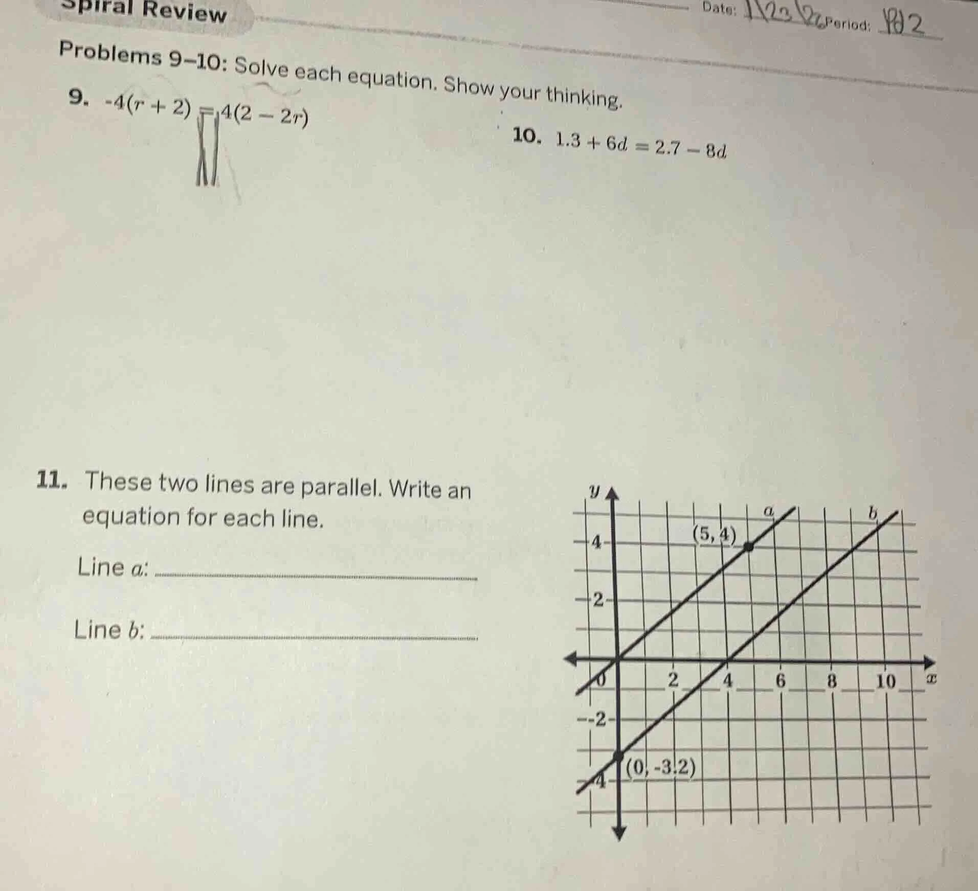 spiral review date: period: problems 9–10: solve each equation. show yo…