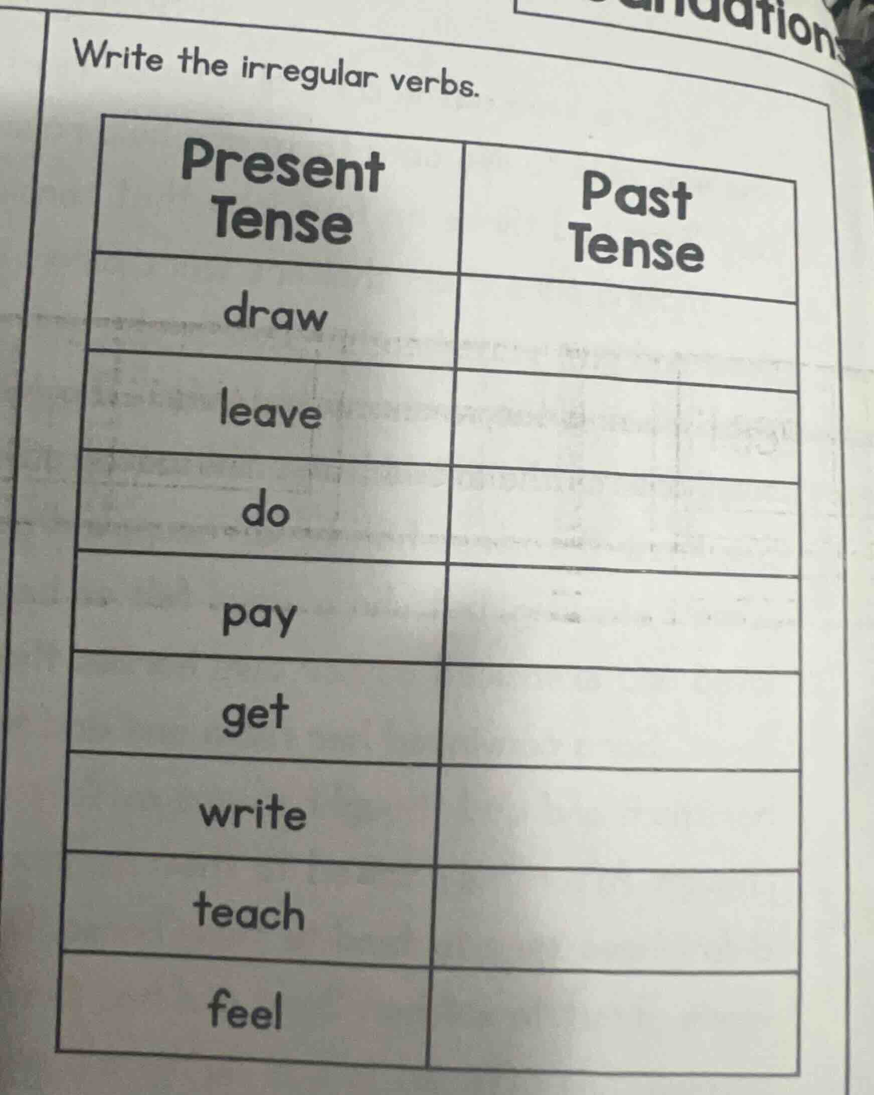 write the irregular verbs. present tense\tpast tense draw\t leave\t do\…