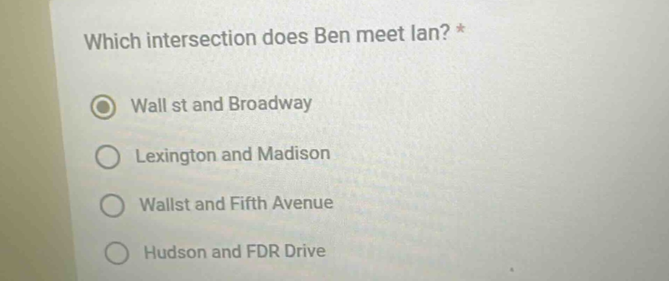 which intersection does ben meet ian? * wall st and broadway lexington …