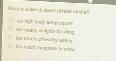 what is a direct cause of heat stroke? too high body temperature too he…