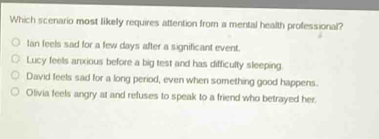 which scenario most likely requires attention from a mental health prof…