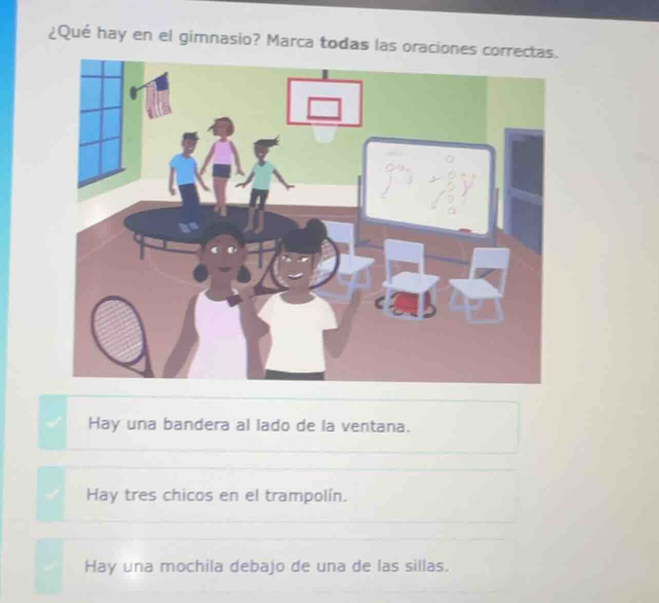 ¿qué hay en el gimnasio? marca todas las oraciones correctas. hay una b…