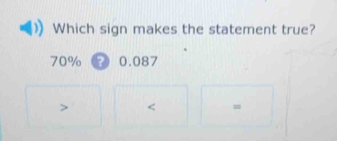 which sign makes the statement true? 70%? 0.087 > < =