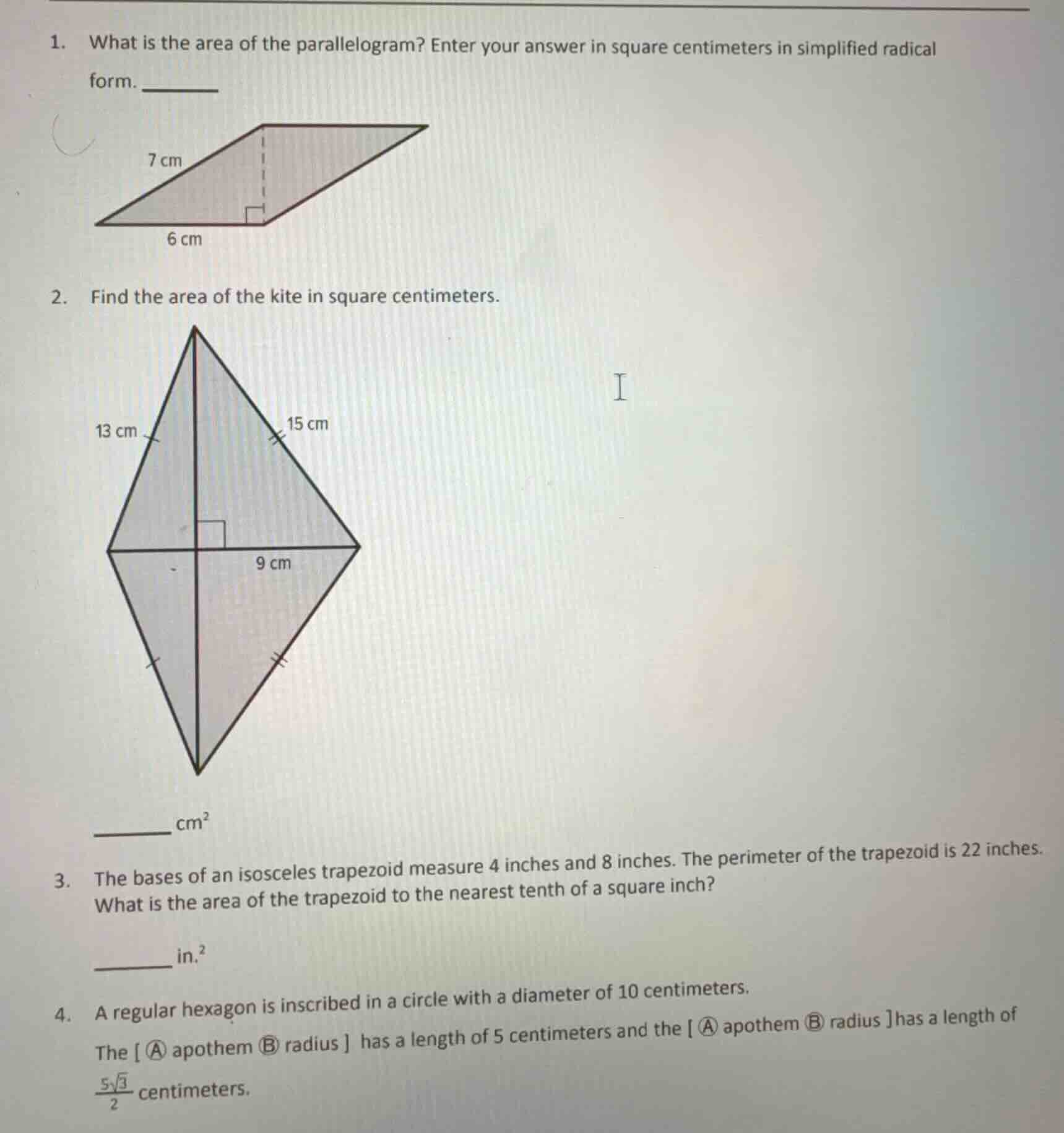 1. what is the area of the parallelogram? enter your answer in square c…
