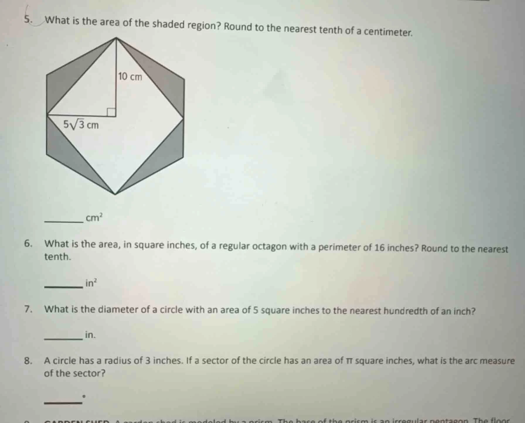 5. what is the area of the shaded region? round to the nearest tenth of…