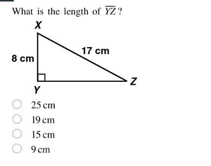 what is the length of \\(\\overline{yz}\\)? 8 cm 17 cm 25 cm 19 cm 15 c…