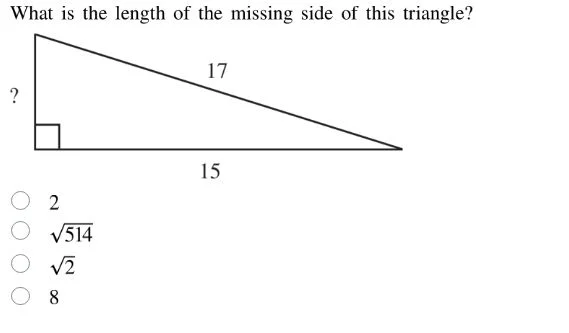 what is the length of the missing side of this triangle? ? 17 15 2 \\sq…
