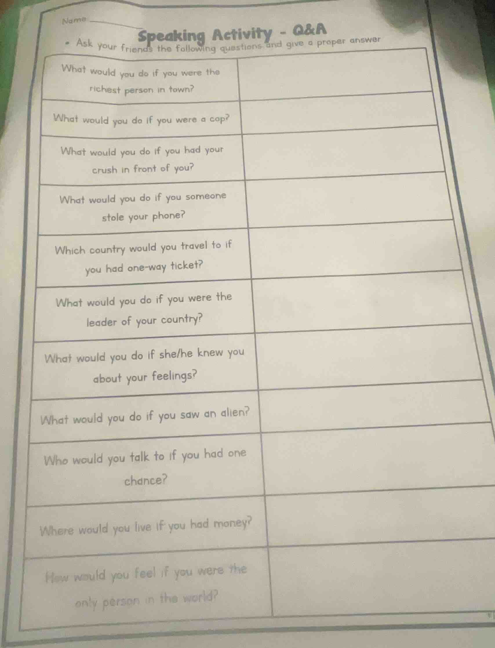 name speaking activity - q&a - ask your friends the following questions…