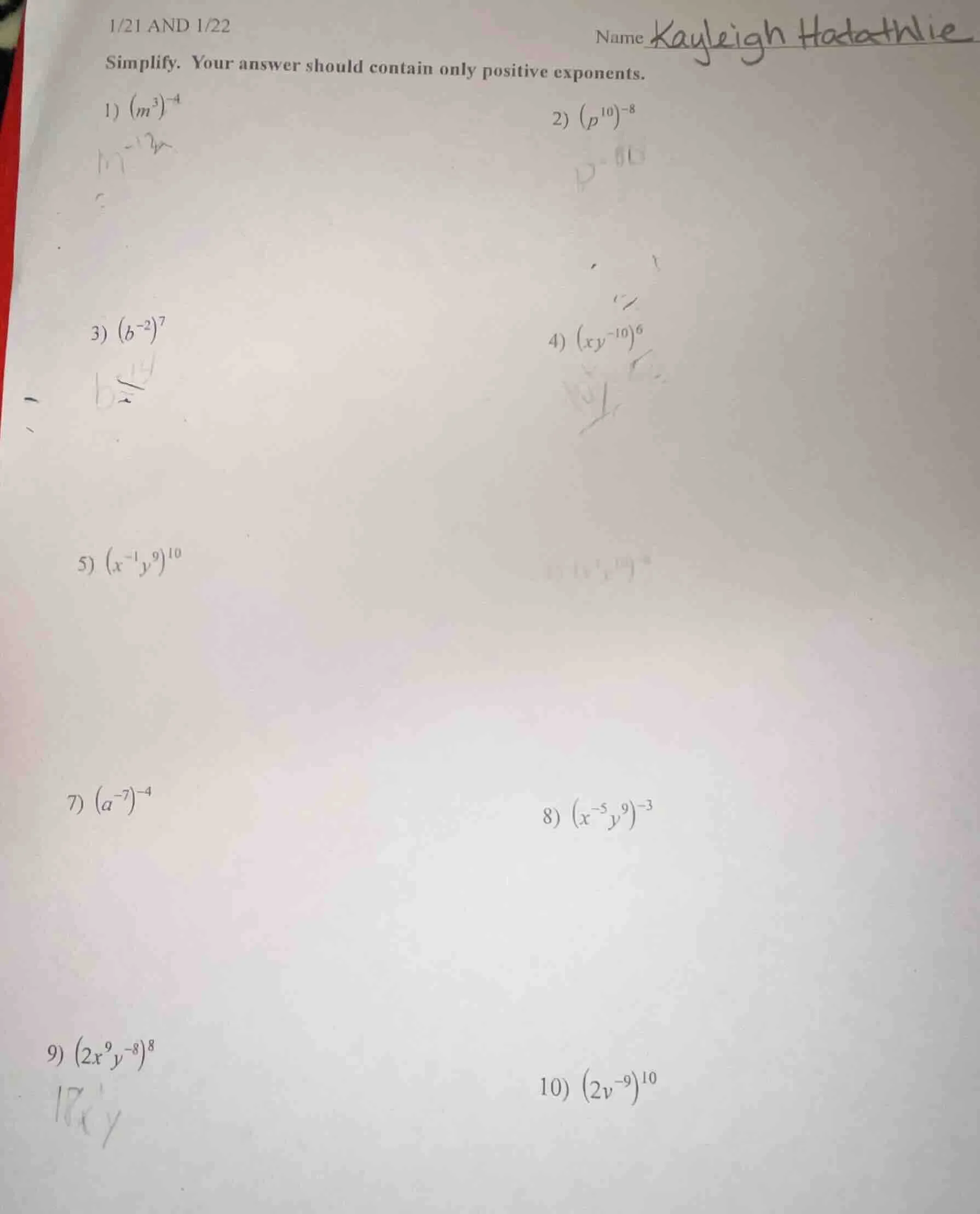 1/21 and 1/22 name kayleigh hadathlie simplify. your answer should cont…