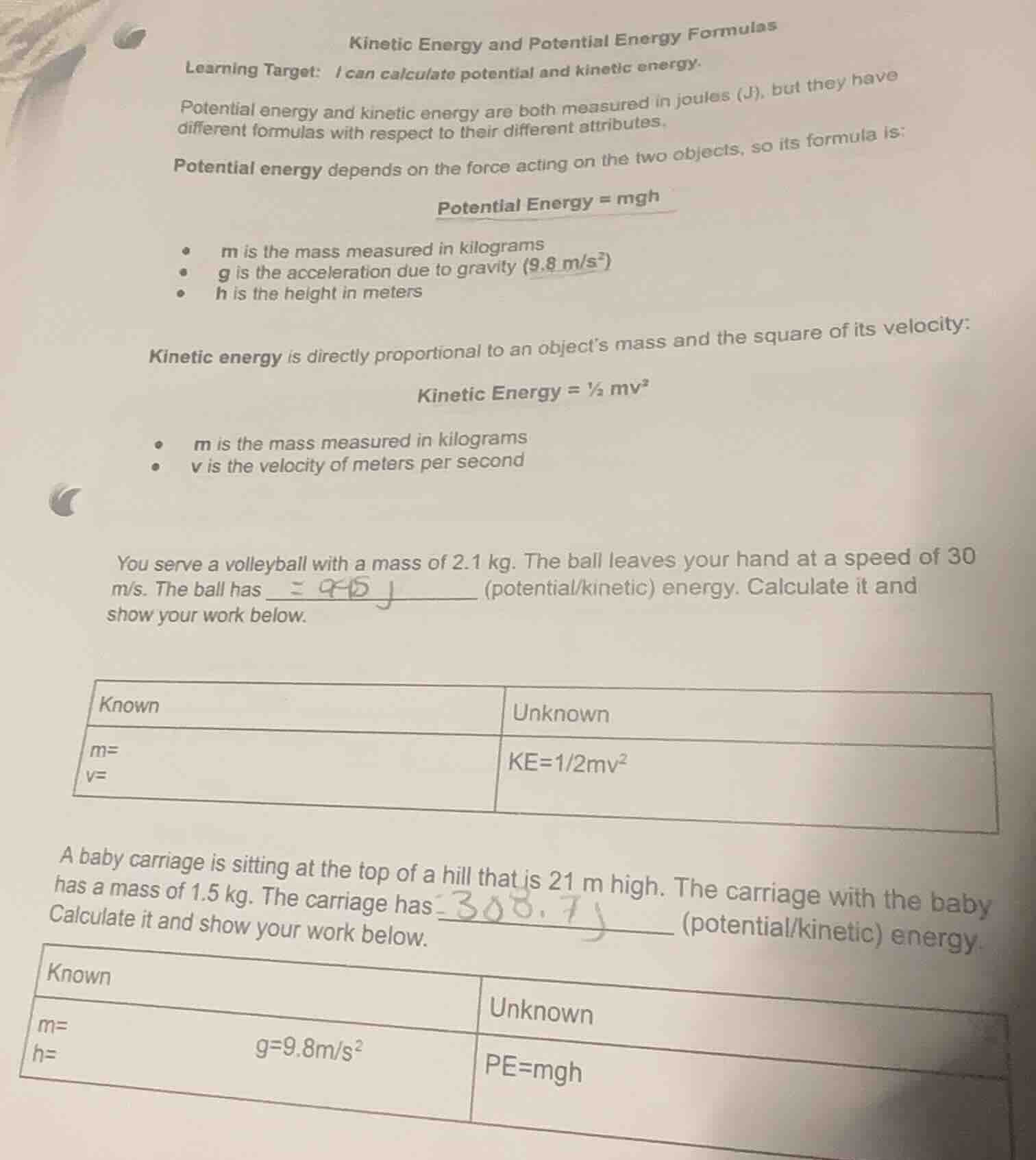 kinetic energy and potential energy formulas learning target: i can cal…