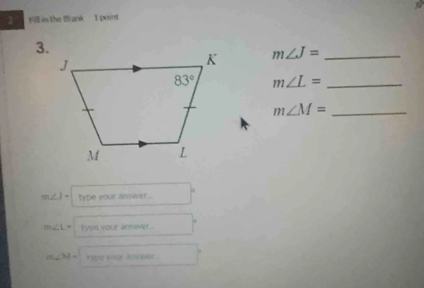 fill in the blank 1 point 3. for the given trapezoid (with ( jk paralle…