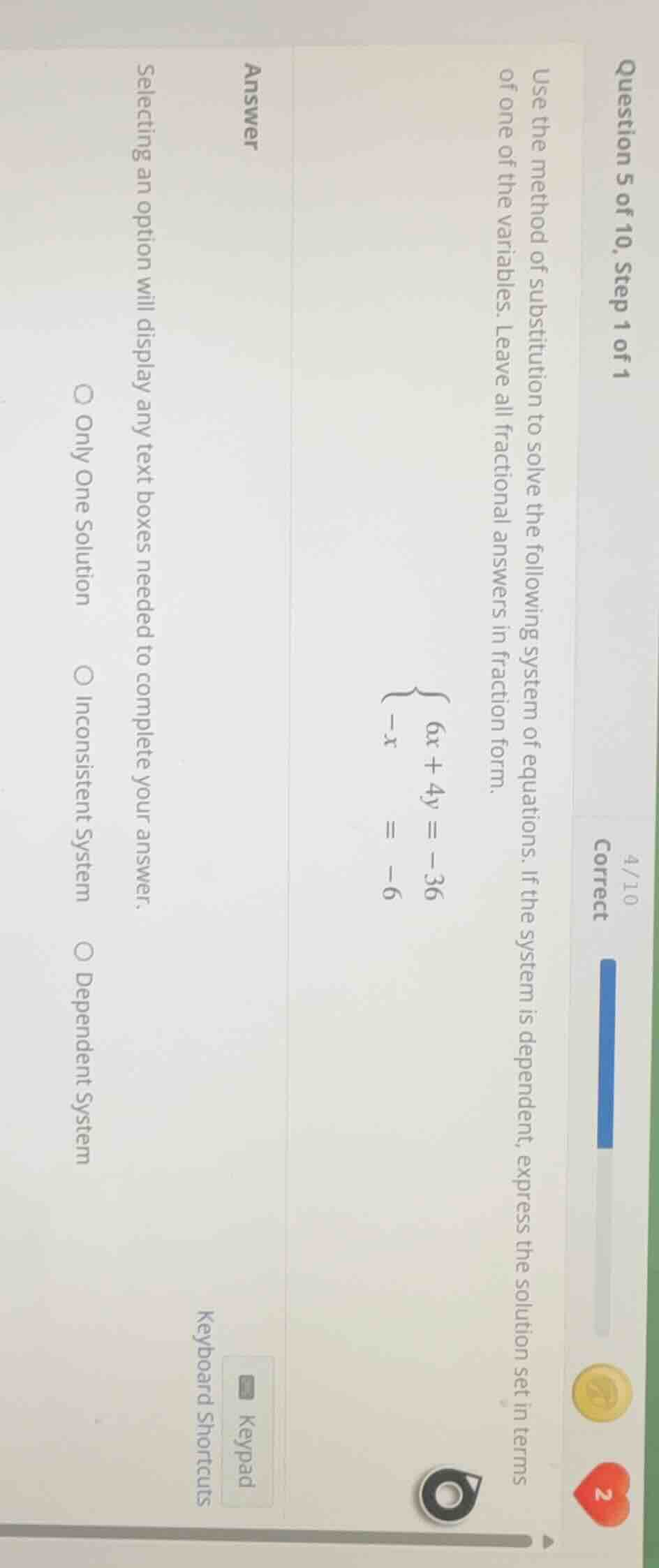 question 5 of 10, step 1 of 1 use the method of substitution to solve t…