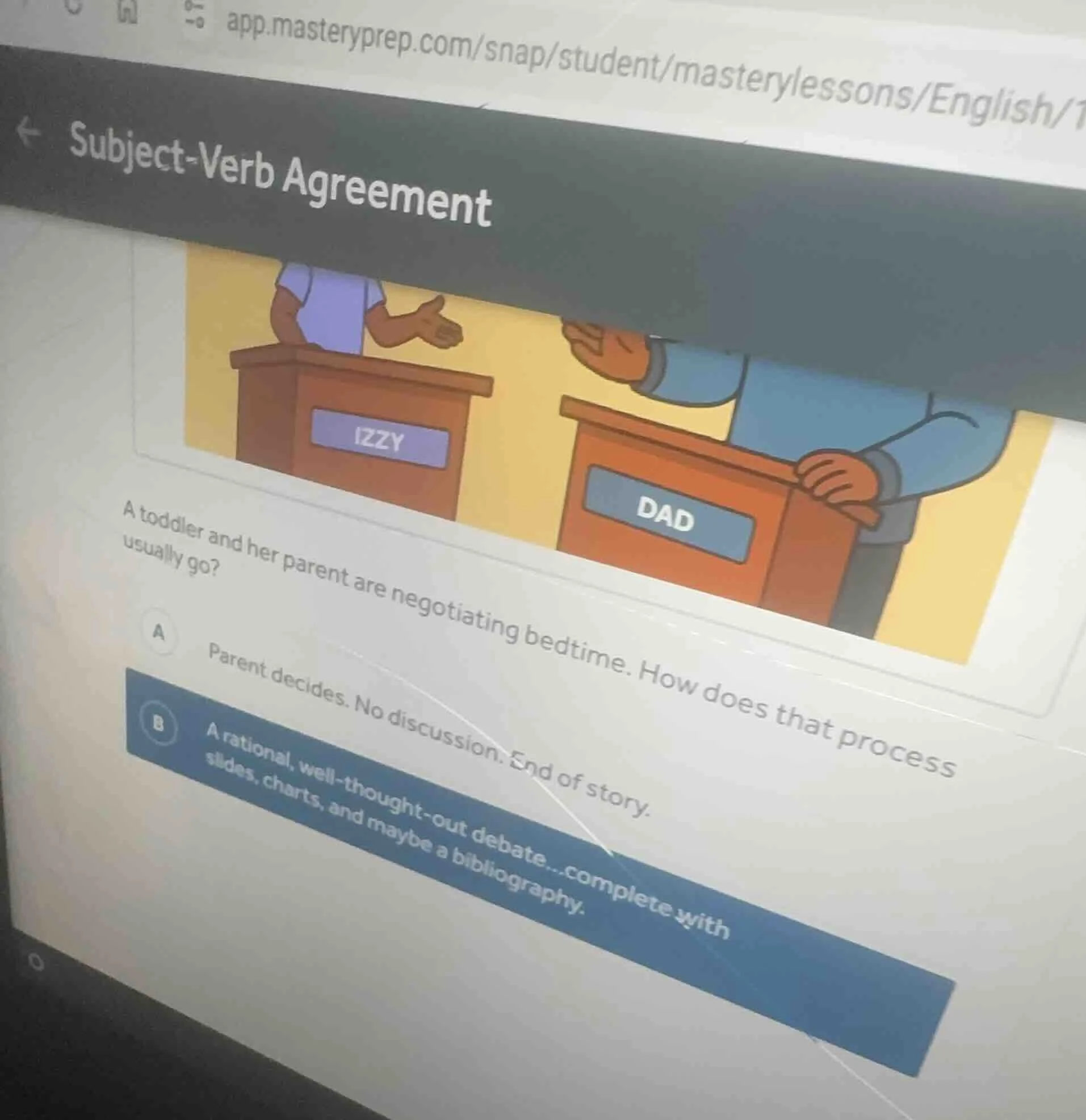 subject-verb agreement a toddler and her parent are negotiating bedtime…