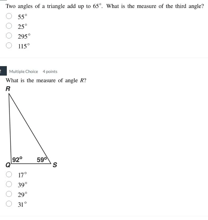 two angles of a triangle add up to 65°. what is the measure of the thir…