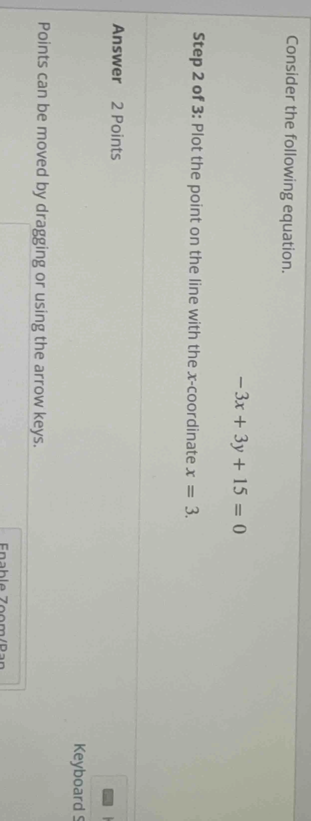 consider the following equation. -3x + 3y + 15 = 0 step 2 of 3: plot th…