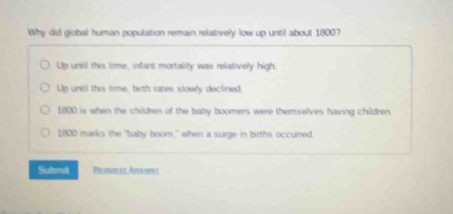 why did global human population remain relatively low up until about 18…