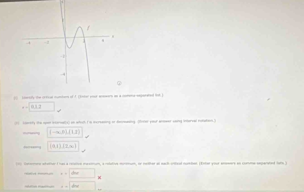 (i) identify the critical numbers of ( f ). (enter your answers as a co…
