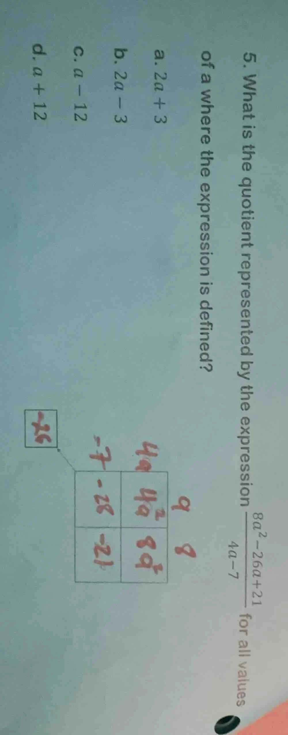 5. what is the quotient represented by the expression \\(\frac{8a^2 - 2…