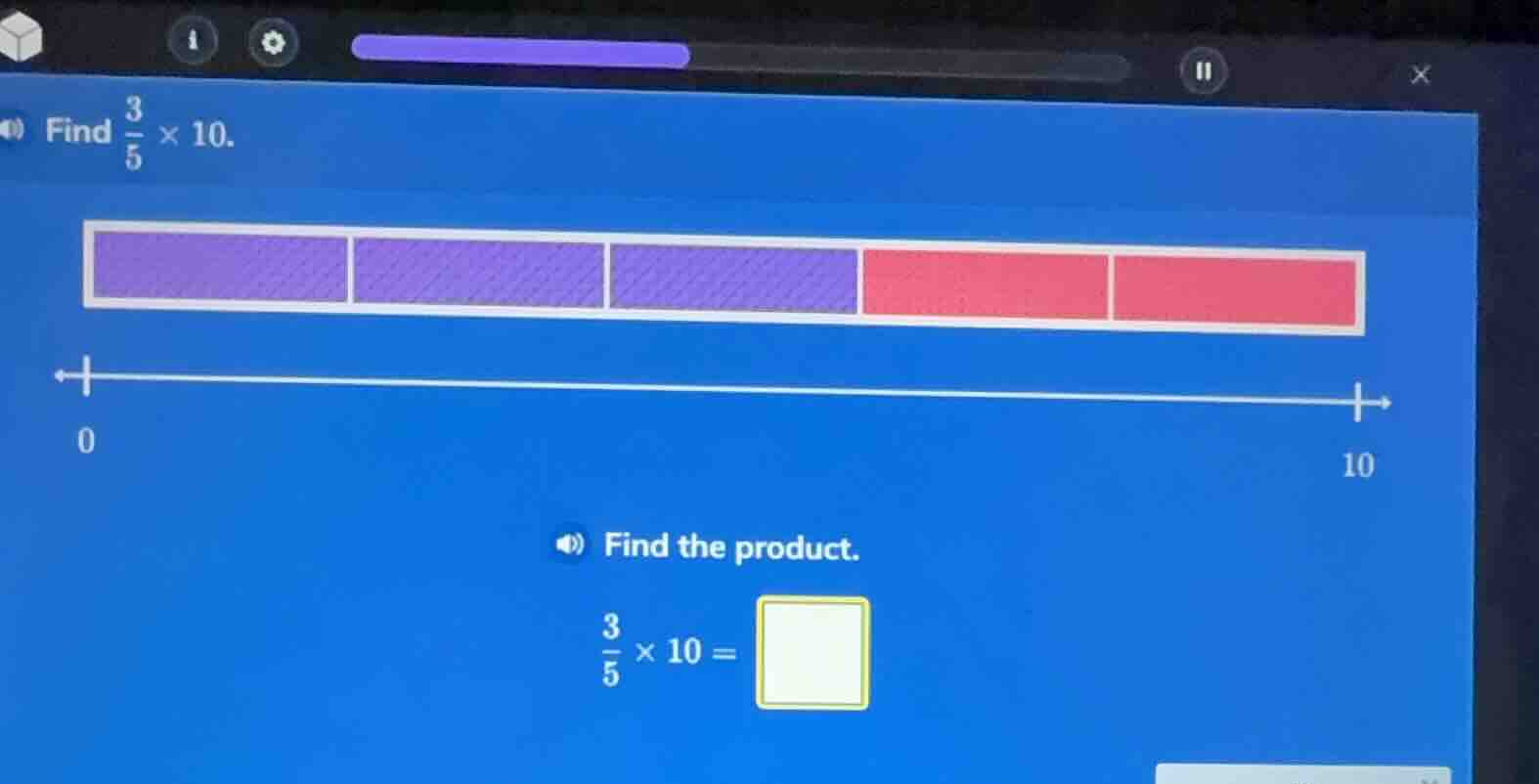 find \\(\\frac{3}{5} \\times 10\\). find the product. \\(\\frac{3}{5} \…