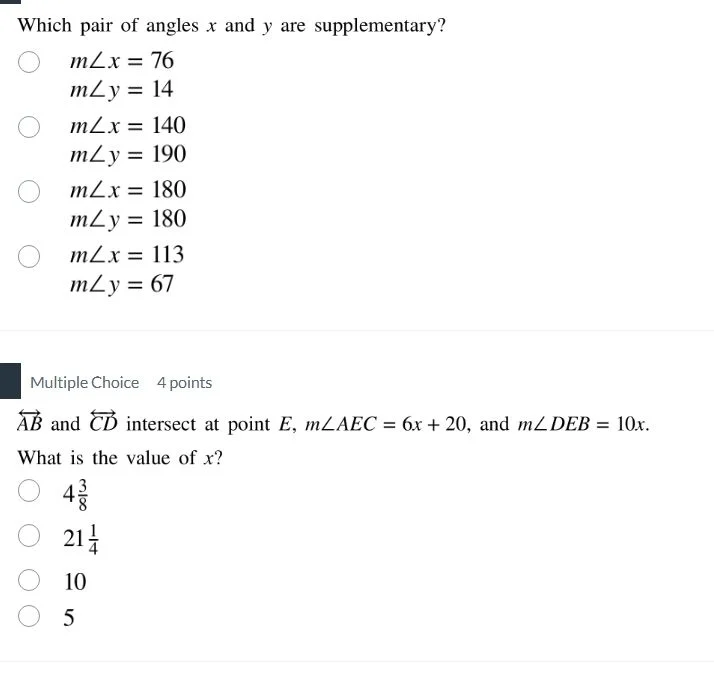 which pair of angles x and y are supplementary?\ \\( m\\angle x = 76 \\…
