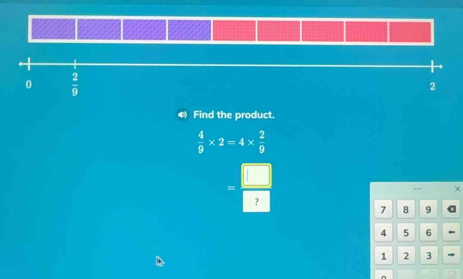 find the product. \\(\\frac{4}{9} \\times 2 = 4 \\times \\frac{2}{9}\\)…