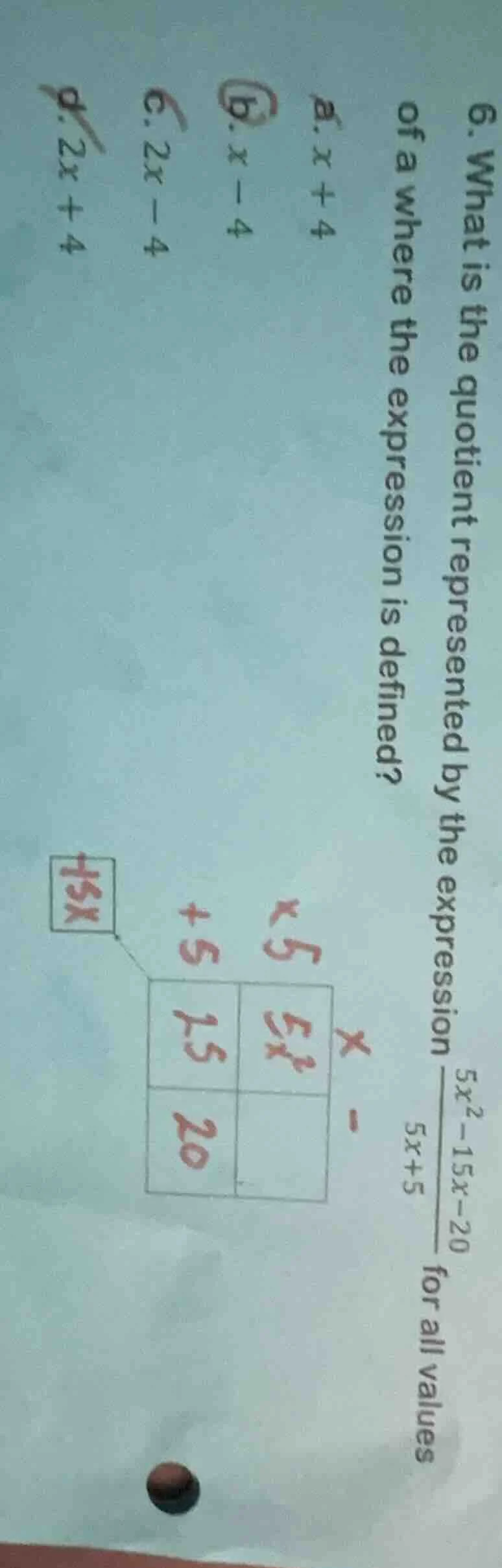 6. what is the quotient represented by the expression (\frac{5x^2 - 15x…