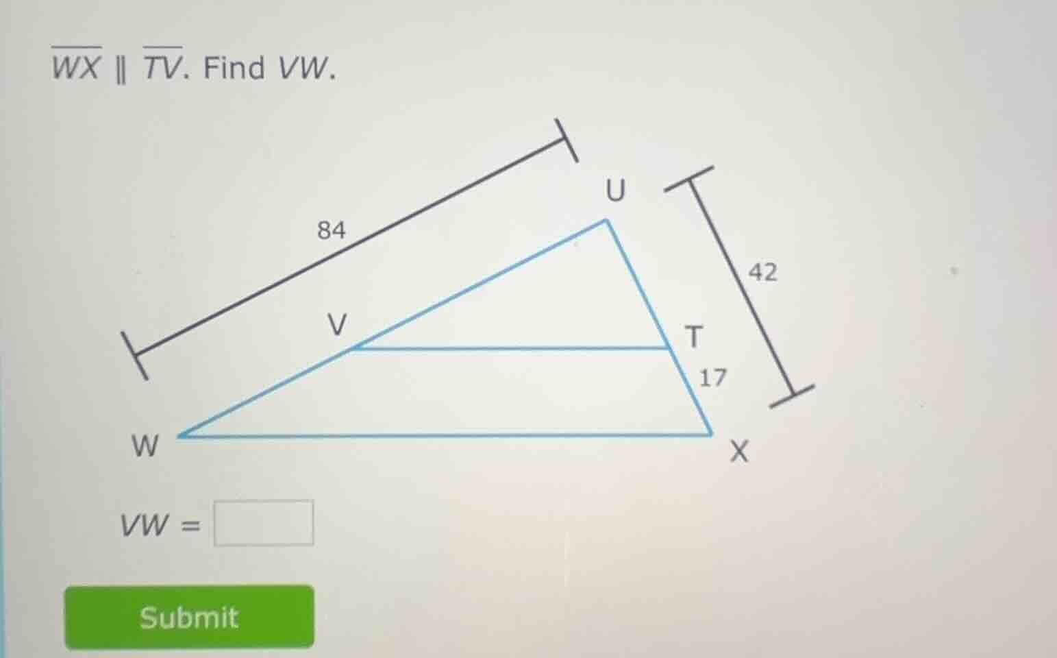 $\\overline{wx} \\parallel \\overline{tv}$. find $vw$.