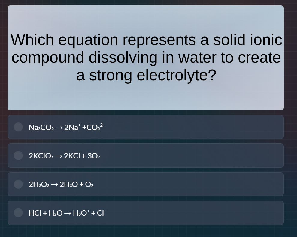 which equation represents a solid ionic compound dissolving in water to…
