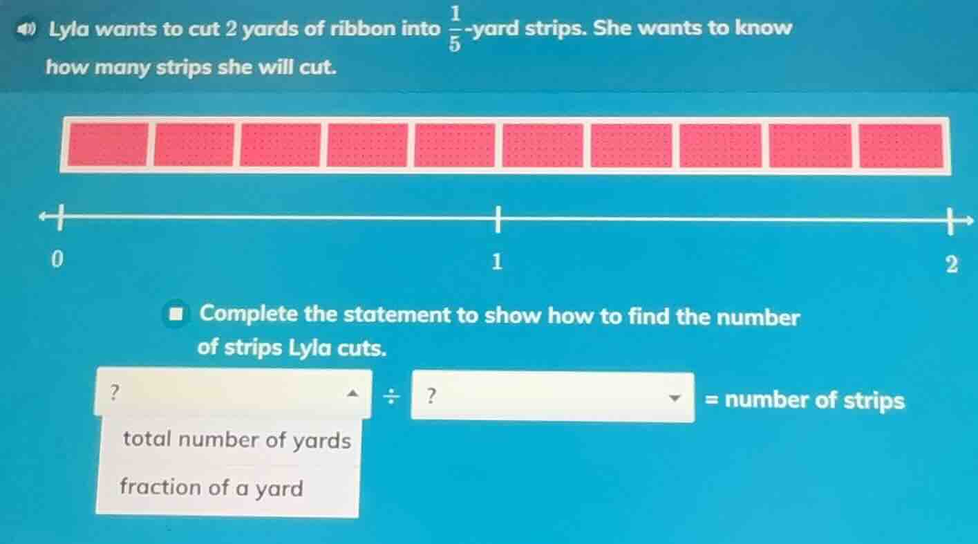 lyla wants to cut 2 yards of ribbon into \\(\\frac{1}{5}\\)-yard strips…