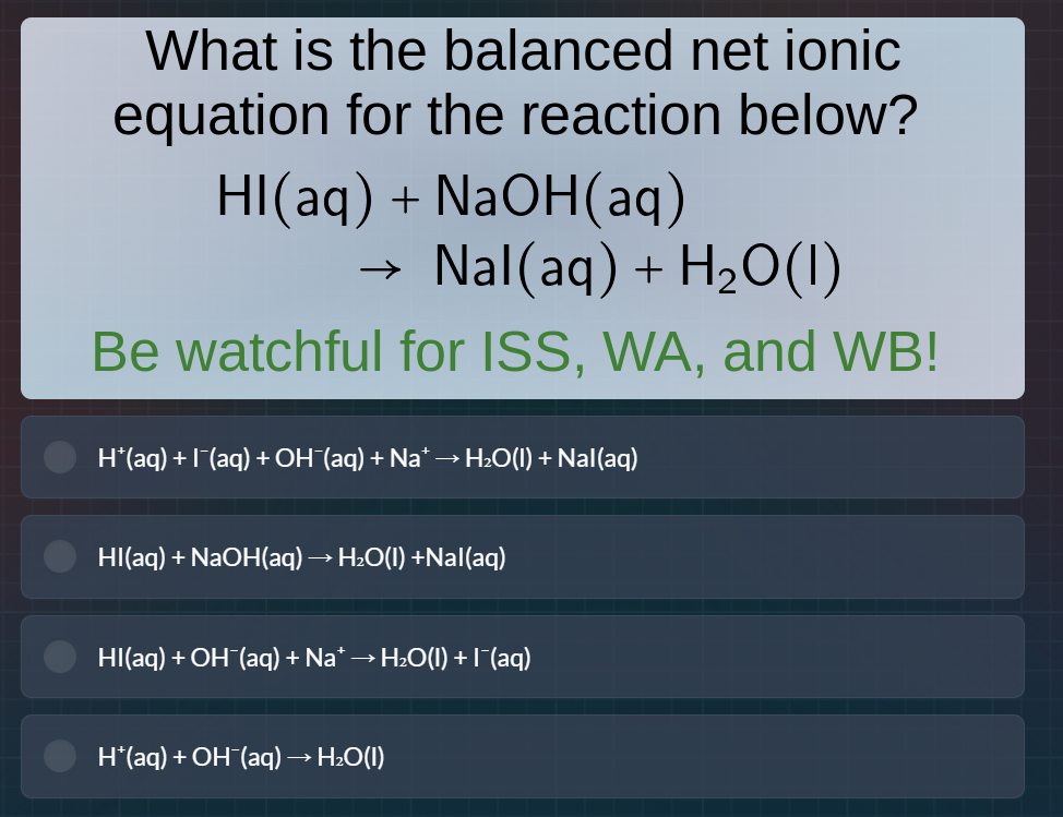what is the balanced net ionic equation for the reaction below? hi(aq) …
