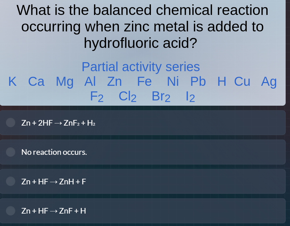 what is the balanced chemical reaction occurring when zinc metal is add…