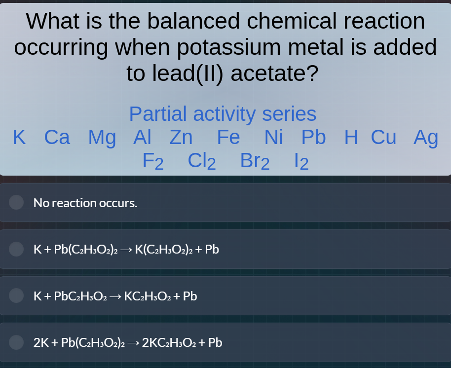 what is the balanced chemical reaction occurring when potassium metal i…