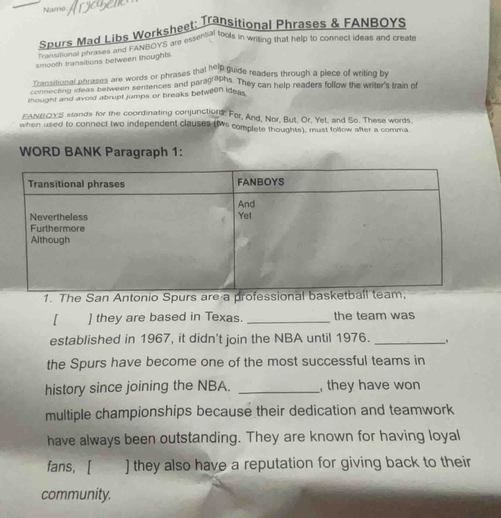 name spurs mad libs worksheet: transitional phrases & fanboys transitio…