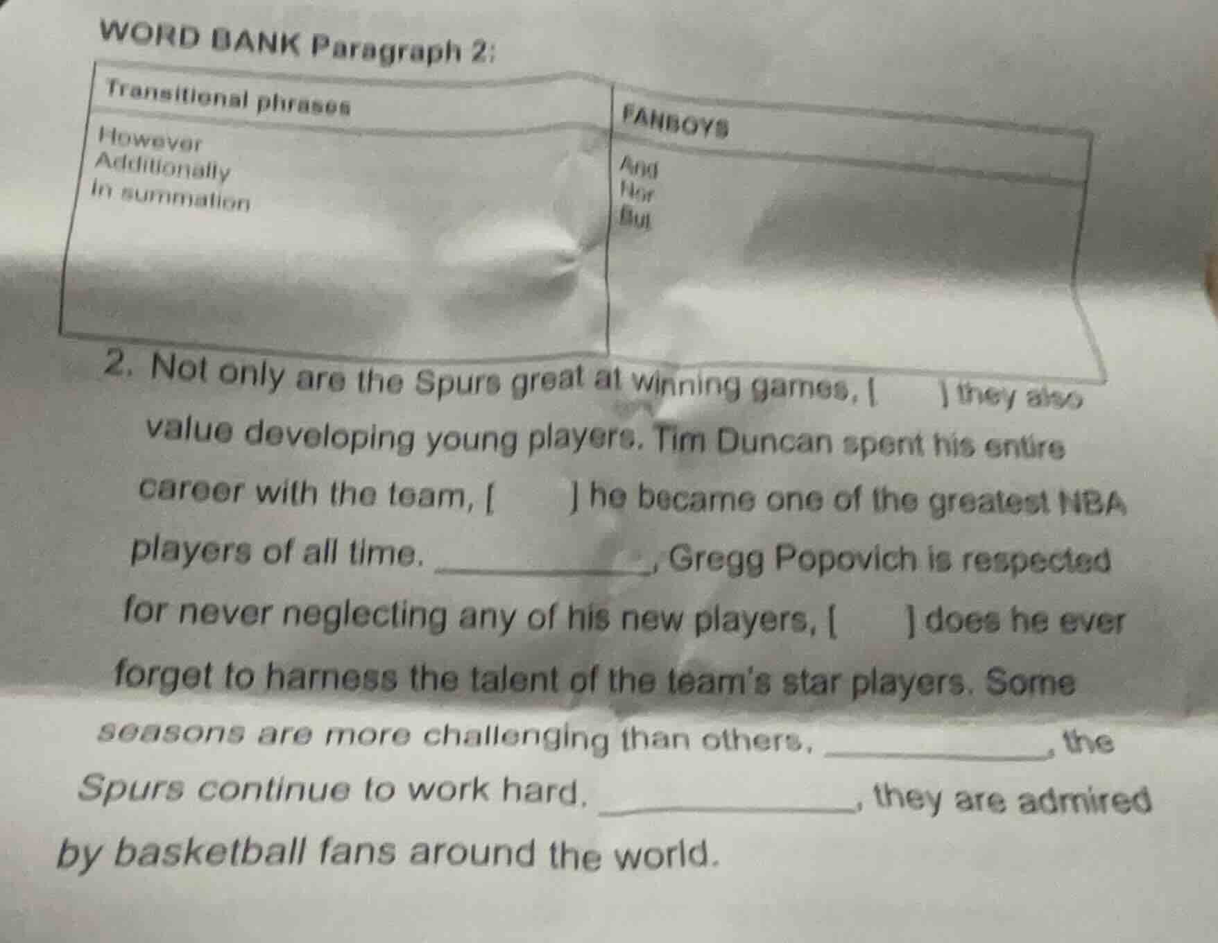 word bank paragraph 2: transitional phrases however additionally in sum…