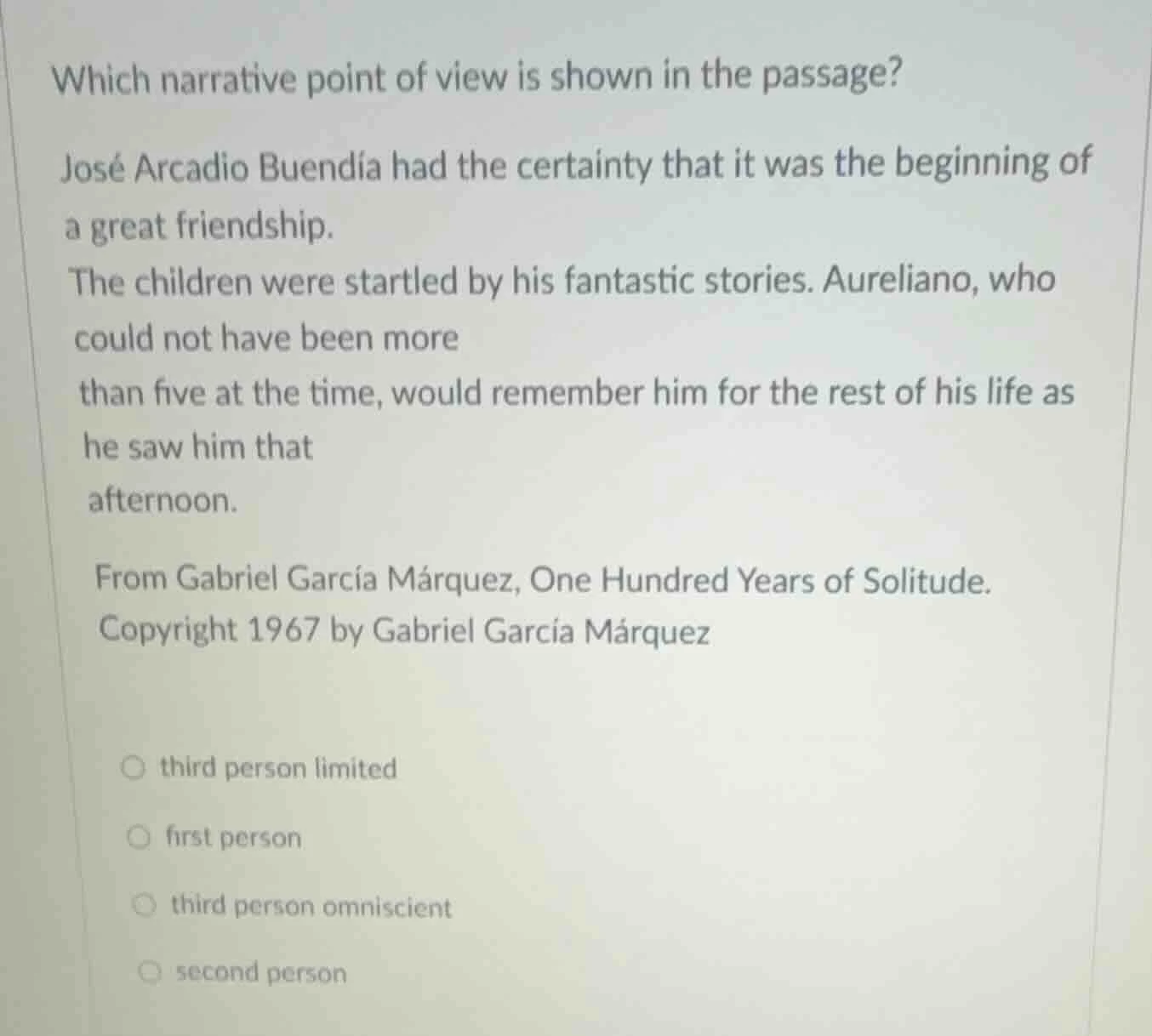 which narrative point of view is shown in the passage? josé arcadio bue…